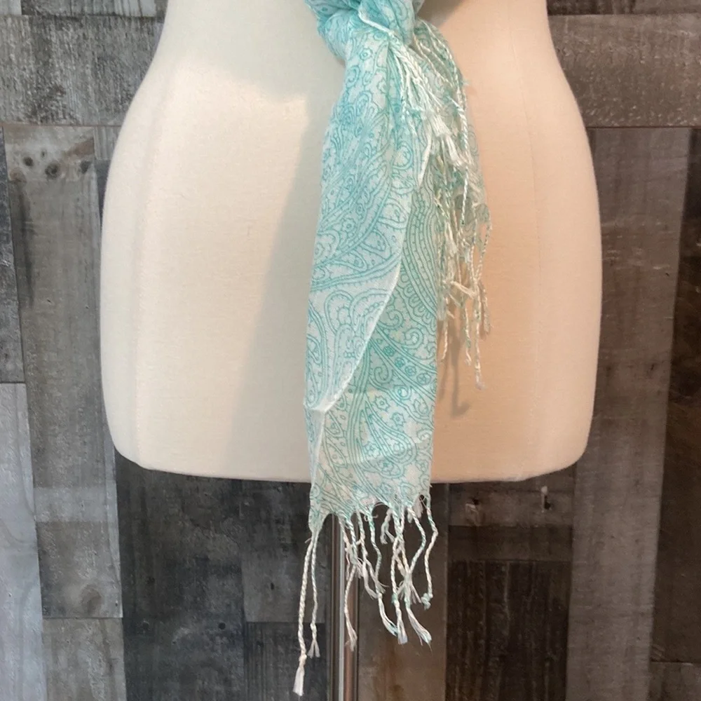 Blue white scarf floral paisley sheer lightweight festival boho quiet luxury